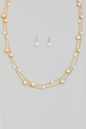 Metallic Heart And Pearl Station Chain Necklace