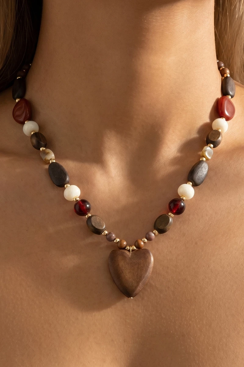 Wood Bead Heart Pendant Necklace