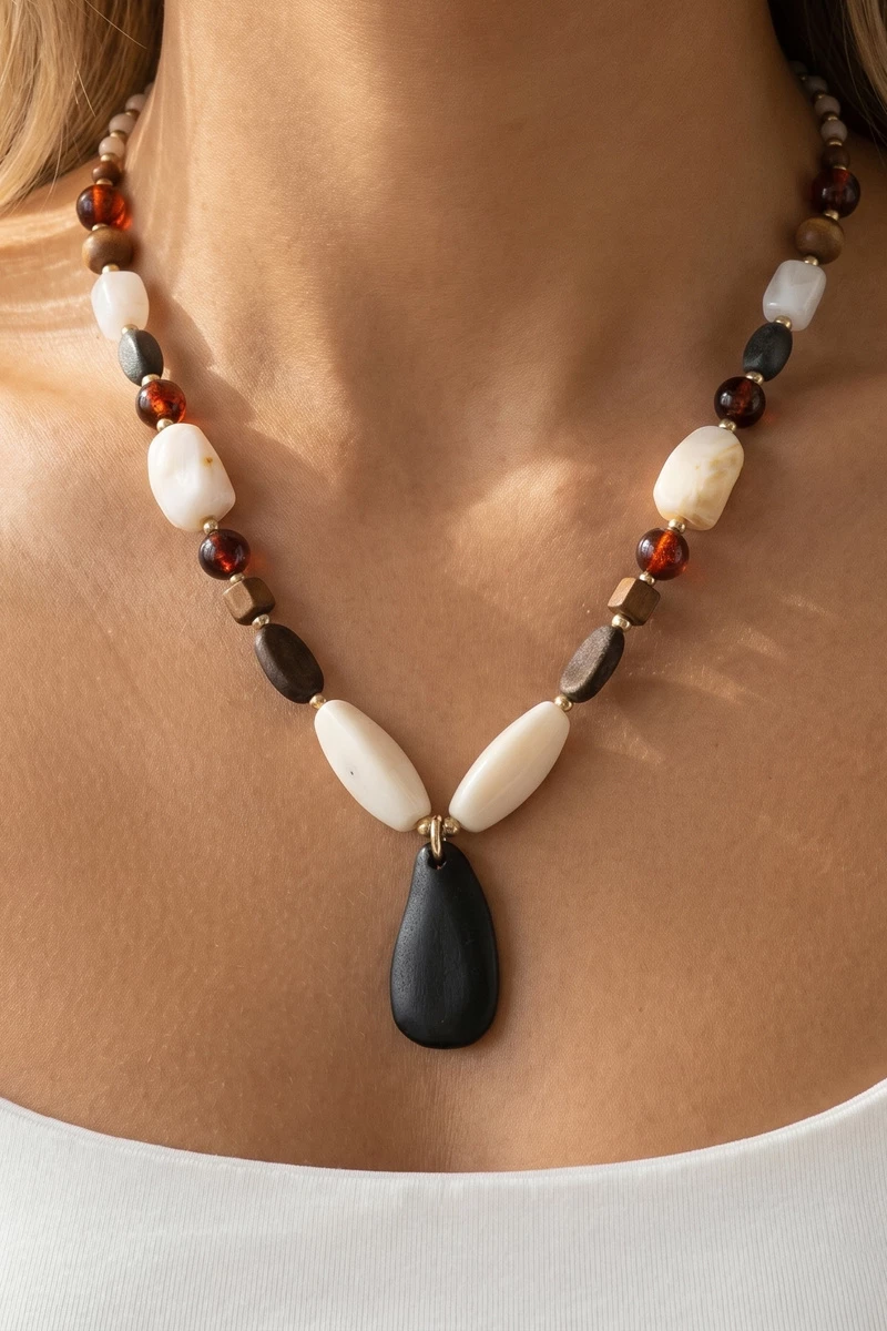 Wood Bead Teardrop Pendant Necklace