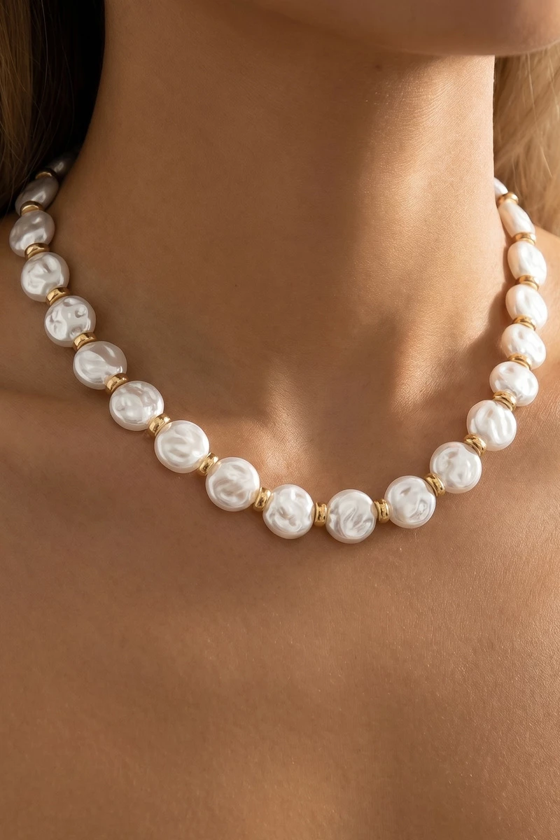 Coin Pearl Beaded Station Necklace
