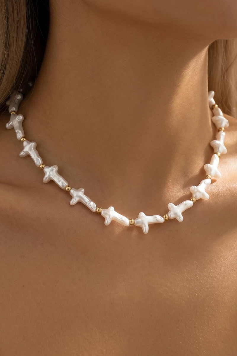 Pearl Cross Beaded Station Necklace