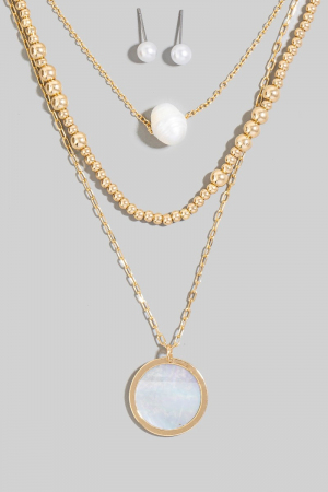 Mother Of Pearl Disc Pendant Necklace Set