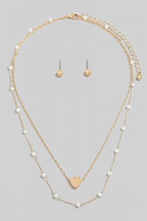 Glass Station Beaded Heart Pendant Layered Necklace Set