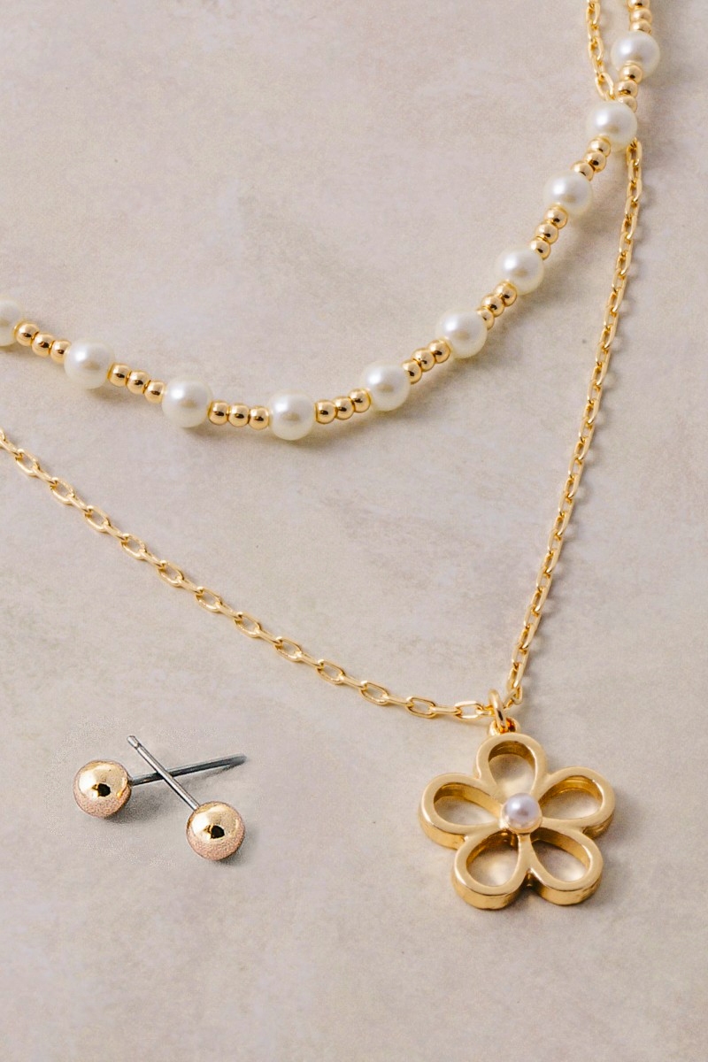 Layered Pearl Bead Chain Flower Pendant Necklace Set
