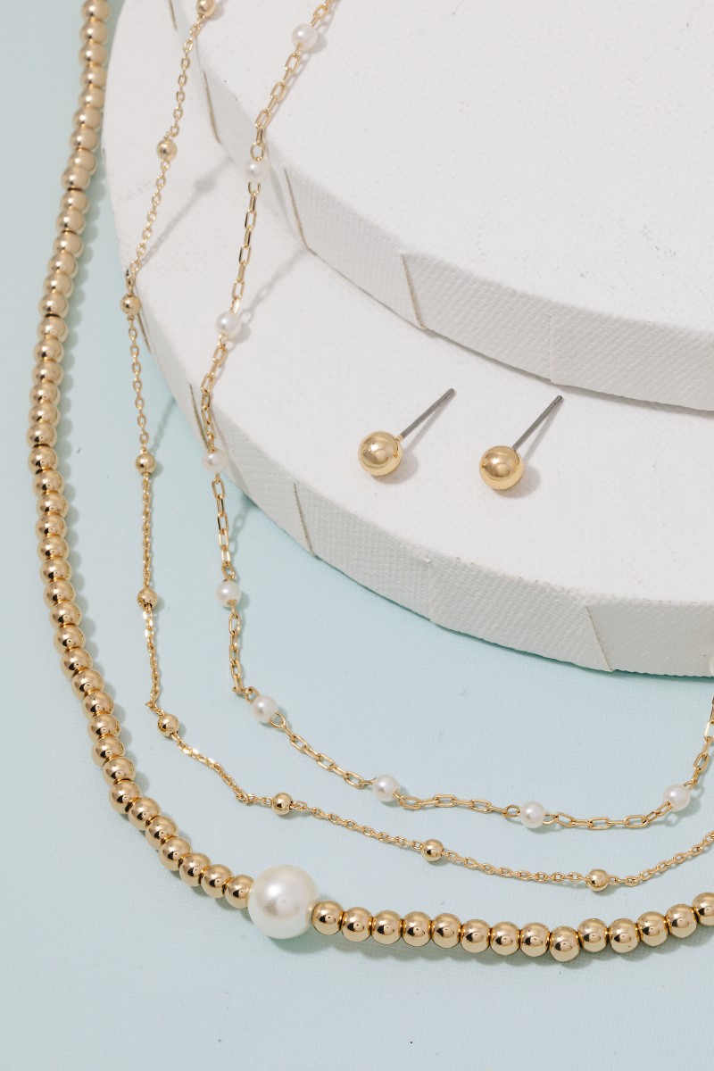 Metallic Beaded Pearl Station Beads Layered Necklace Set