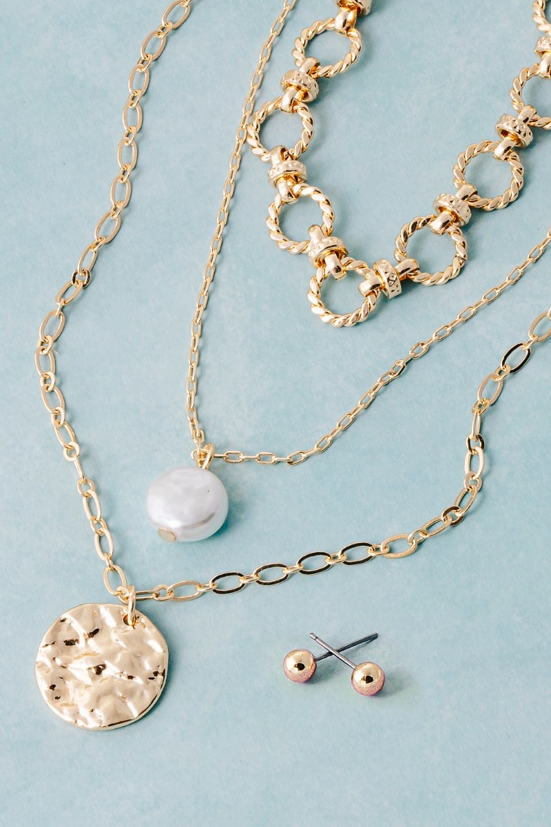Triple Layered Chain Pearl And Coin Pendant Necklace Set