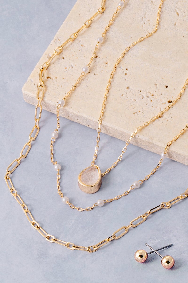 Triple Layered Pearl And Paperclip Chain Necklace Set