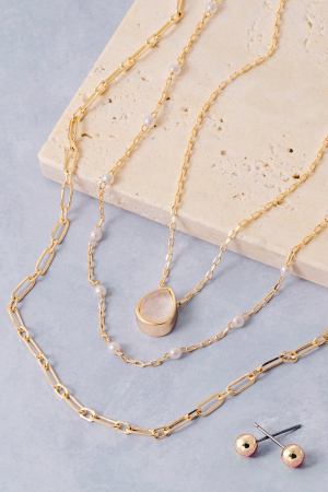 Triple Layered Pearl And Paperclip Chain Necklace Set