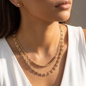 Double Layer Beaded Station Link Chain Necklace