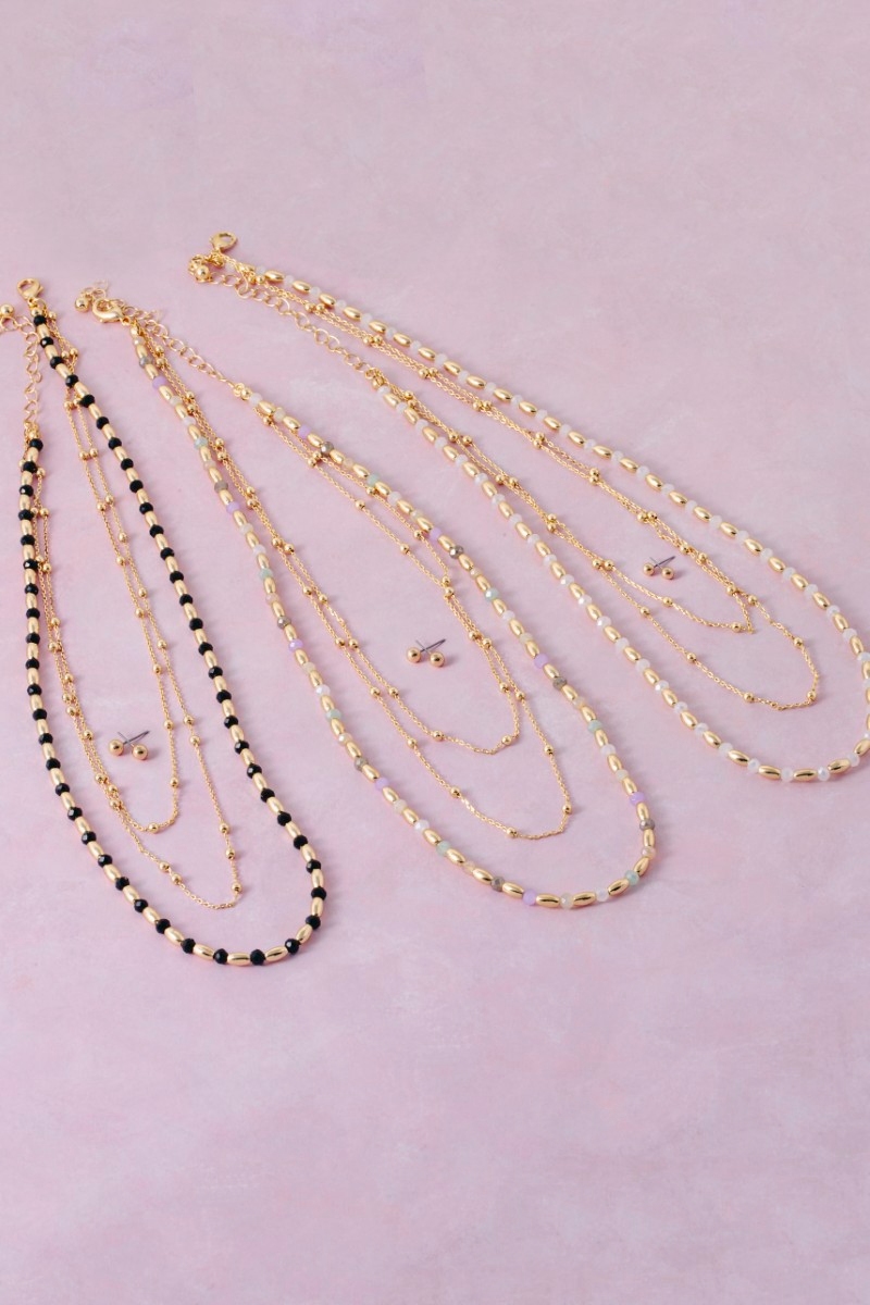 Faceted And Metallic Beaded Layered Necklace Set