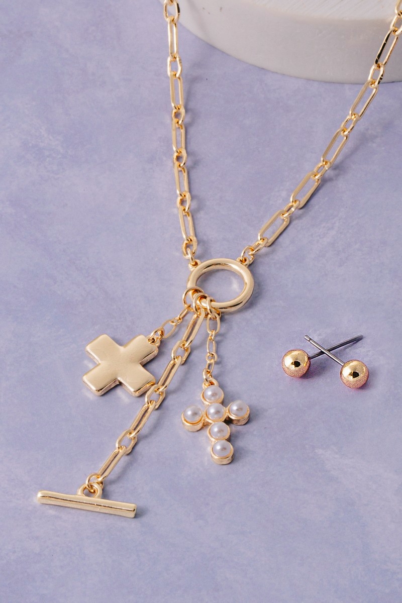 Paperclip Chain Cross And Pearl Cluster Charm Necklace