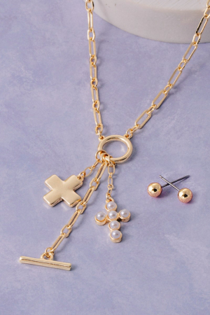 Paperclip Chain Cross And Pearl Cluster Charm Necklace