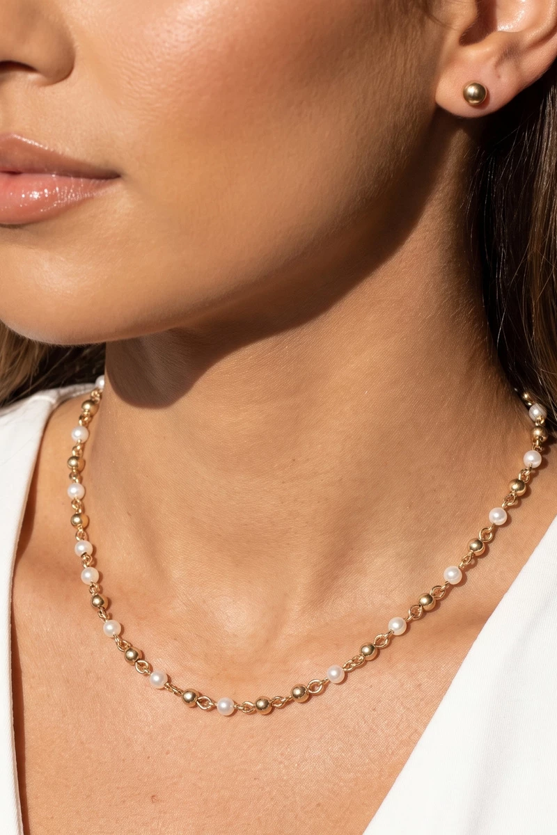 Dainty Pearl Station Chain Necklace Set