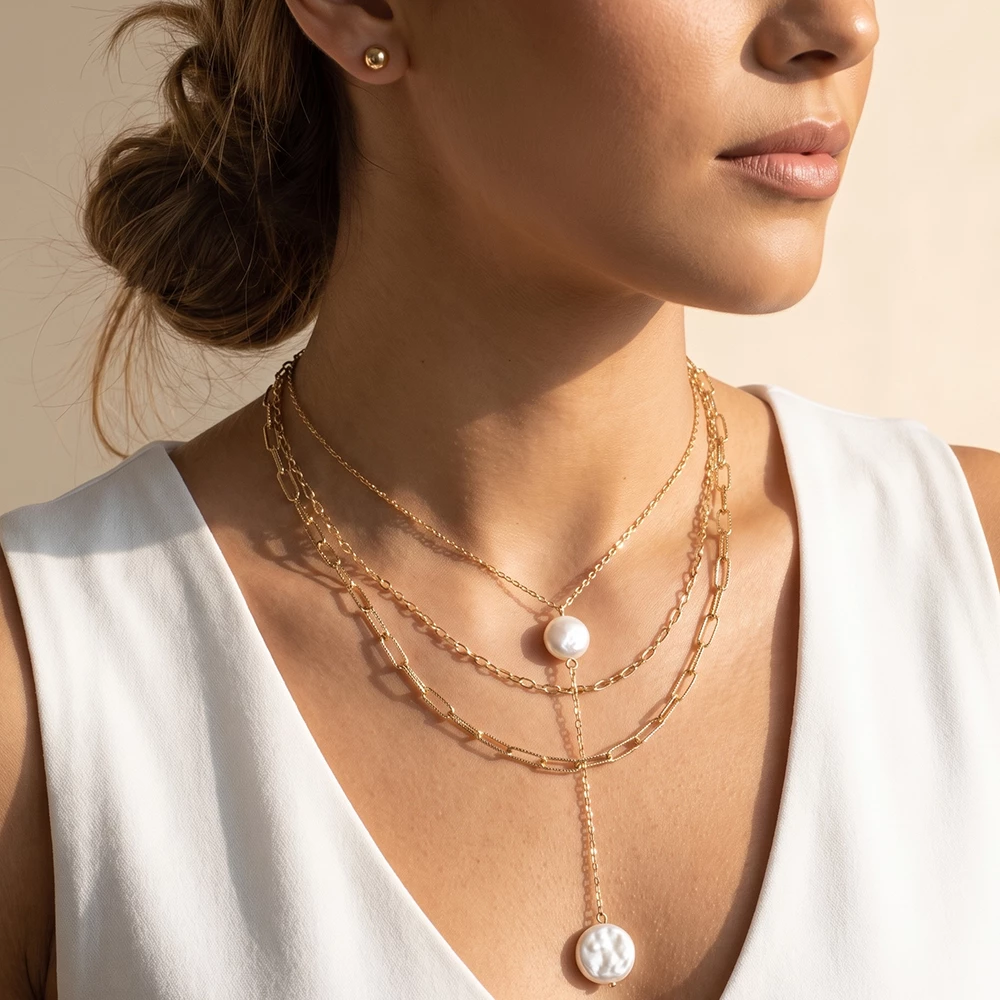 Triple Layer Coin Pearl Y Drop Necklace