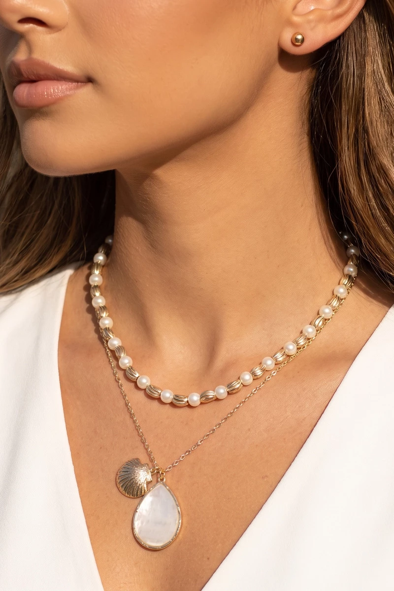 Mother Of Pearl Teardrop And Shell Charm Necklace