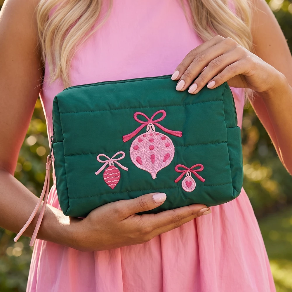 Ornament Embroidered Puffer Zip Pouch