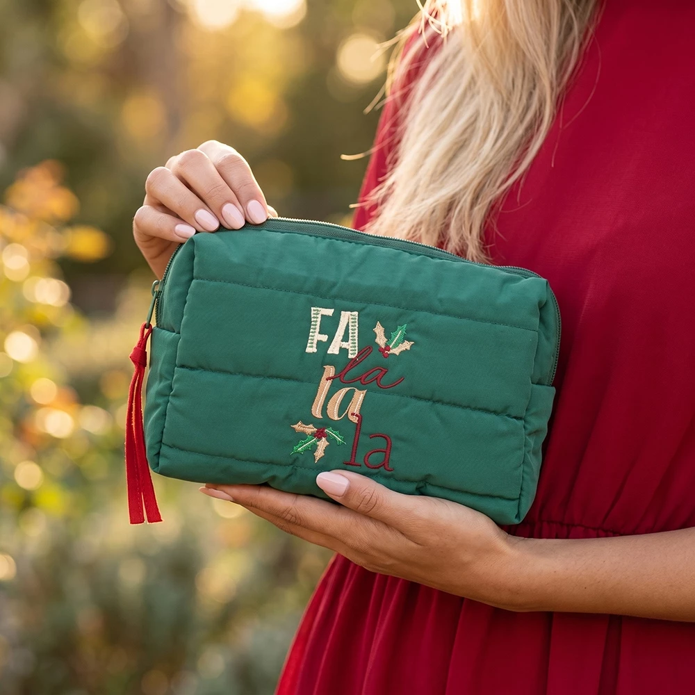 Fa La La Embroidered Puffer Zip Pouch