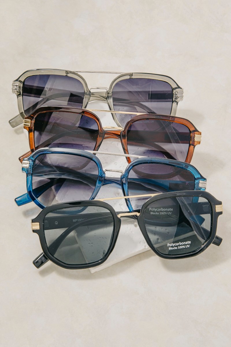 Square Double Bridge Round Metal Accent Sunglasses