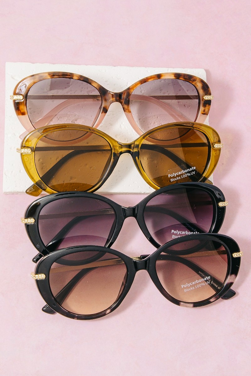 Oval Cat-Eye Crystal Accent Sunglasses