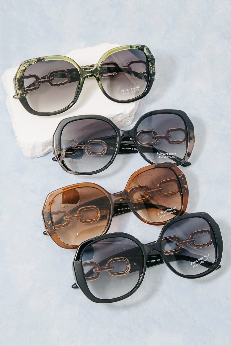 Oversized Round Chain-Link Temple Sunglasses