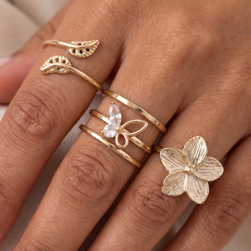 Cz Butterfly Flower And Leaf Ring Set