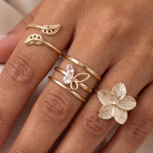 Cz Butterfly Flower And Leaf Ring Set