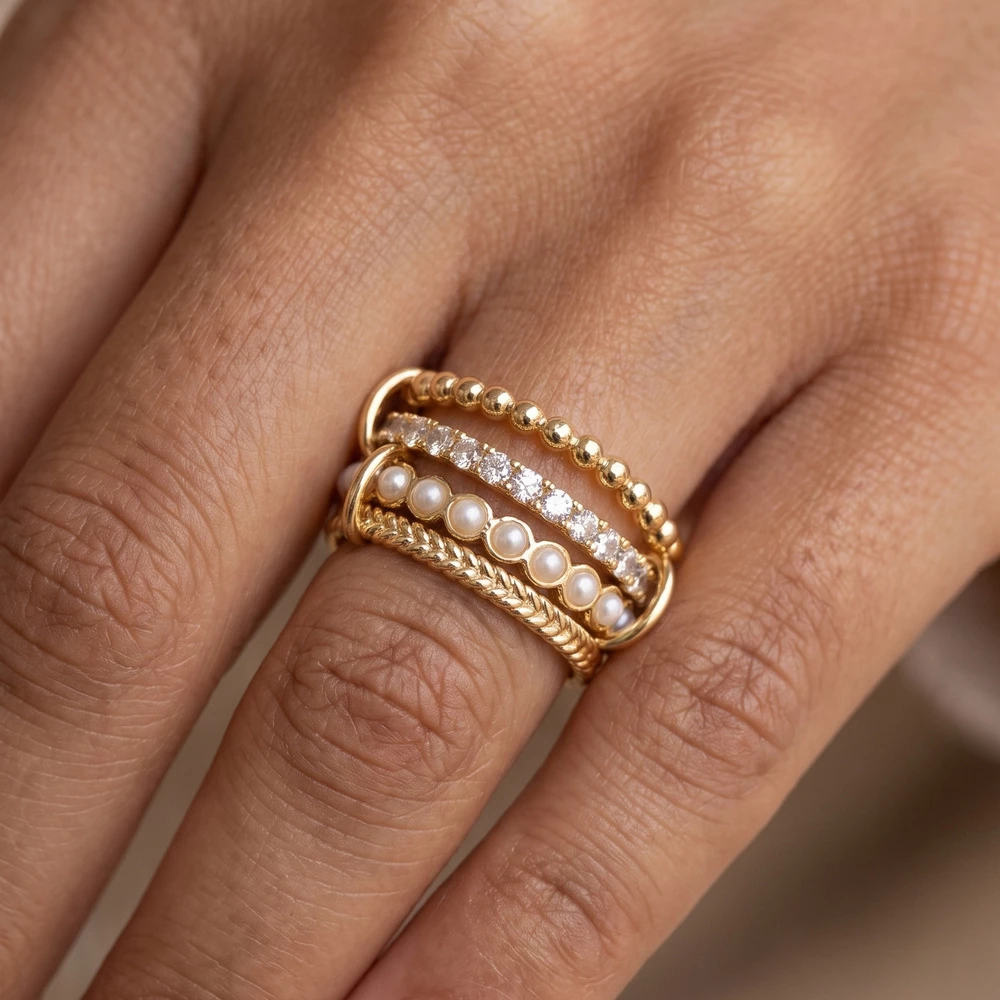 Pearl Cz Beaded Four Band Stackable Ring Set