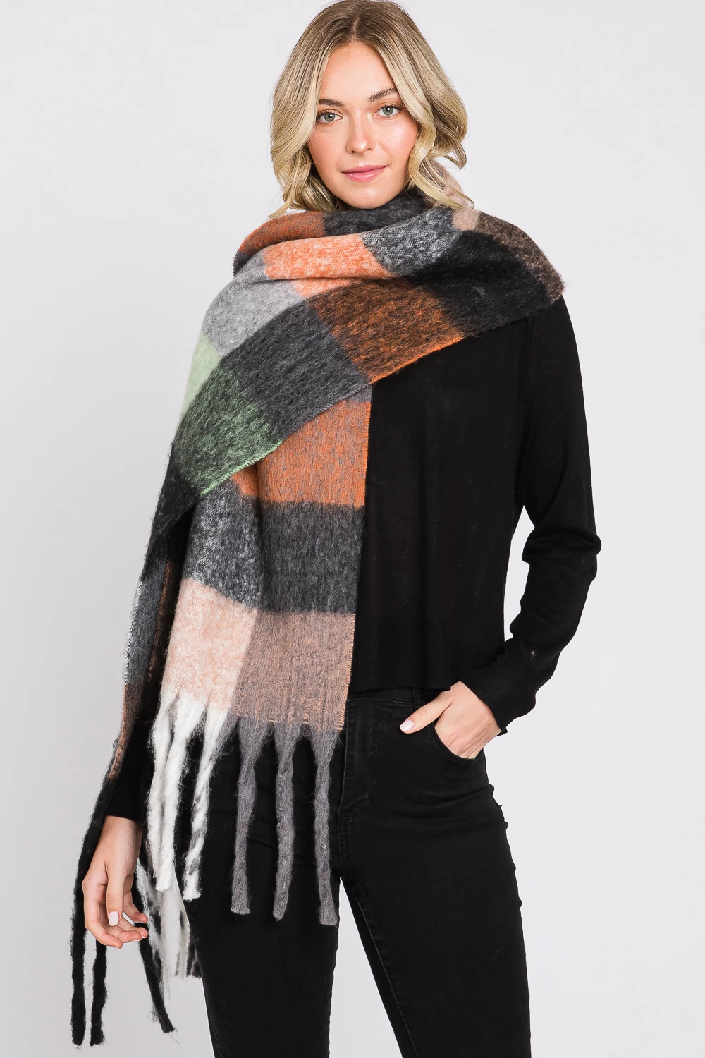 Plaid Oblong Fringe Scarf