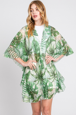 Ruffle Lined Tropical Leaves Print Kimono