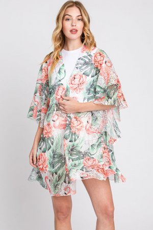 Ruffle Lined Tropical Flamingo Kimono