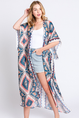 Aztec Print Open Front Long Kimono