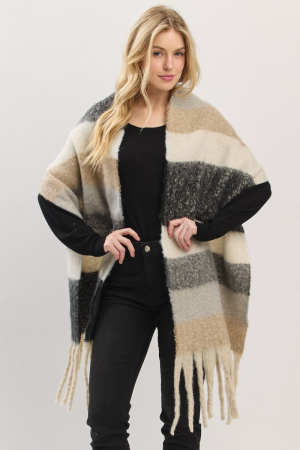 Multi Color Striped Brushed Fringe Blanket Scarf