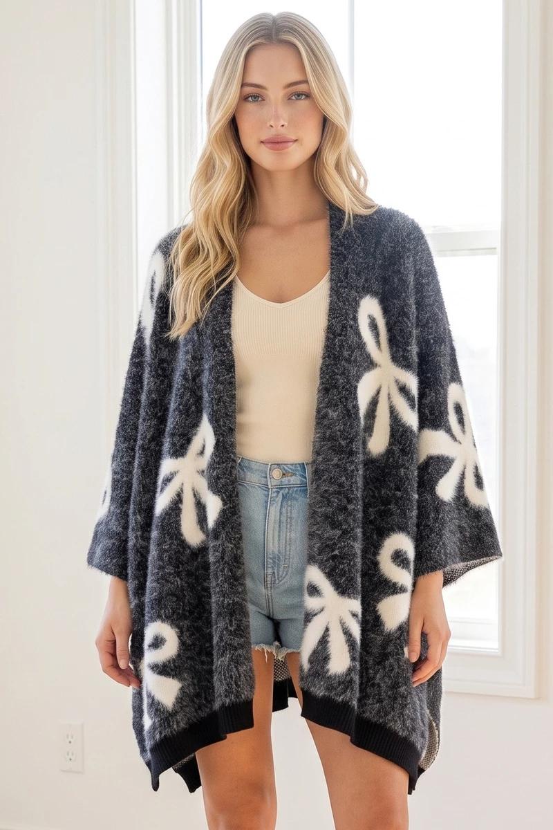 Ribbon Bow Eyelash Knit Ruana Wrap