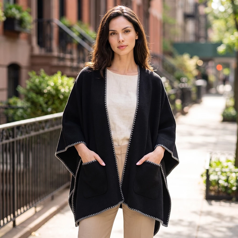 Whipstitch Trim Pocket Poncho Ruana