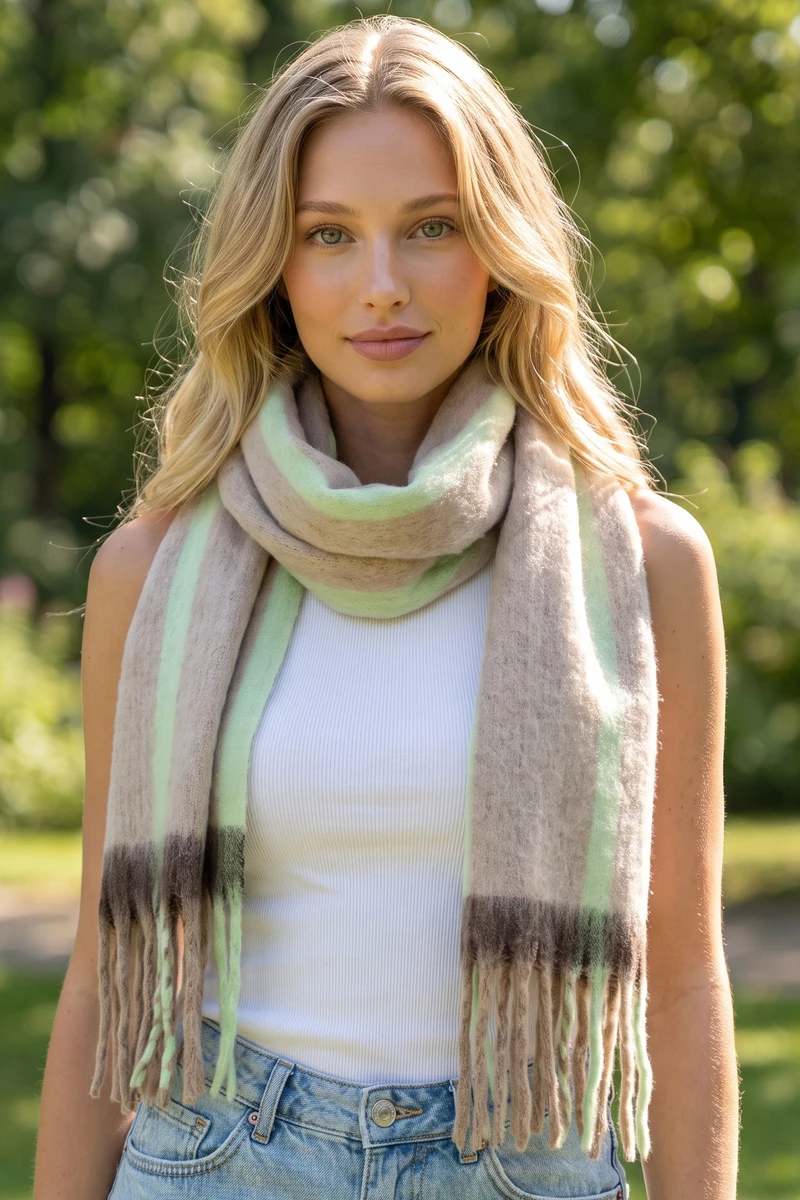 Brushed Border Stripe Fringe Scarf