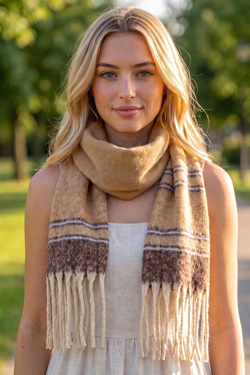 Herringbone Pinstripe Fringe Scarf
