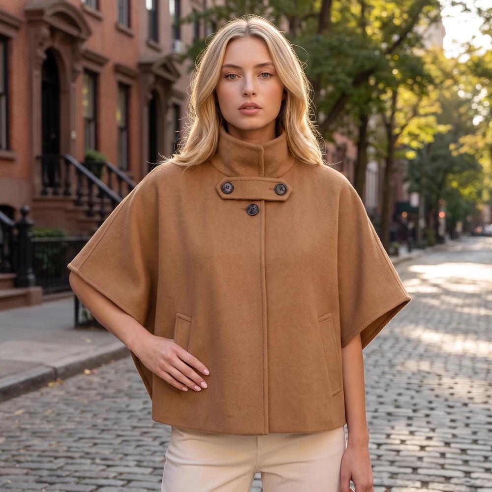 Stand Collar Button Tab Cape Poncho