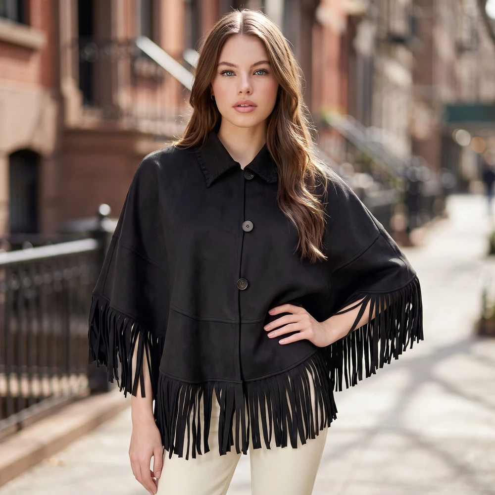 Vegan Suede Fringe Trim Collared Poncho