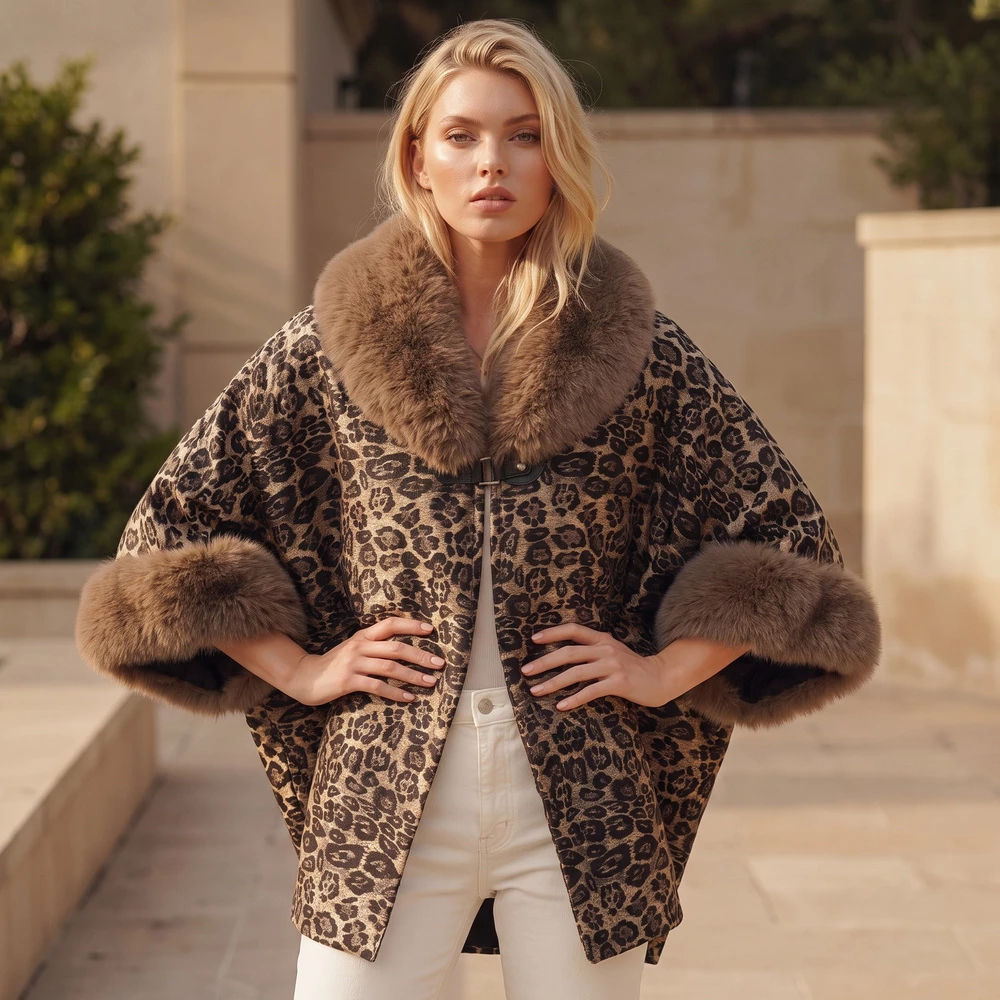 Leopard Print Plush Fur Trim Cape Poncho