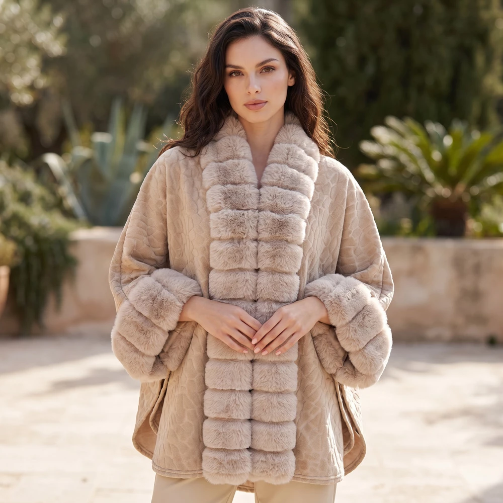 Plush Fur Trim Croc Embossed Ruana Cape