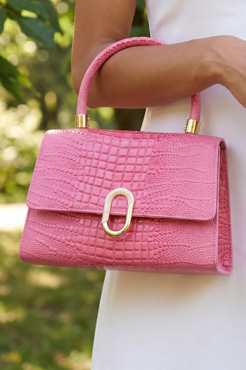 Croc Embossed Push Lock Flap Satchel