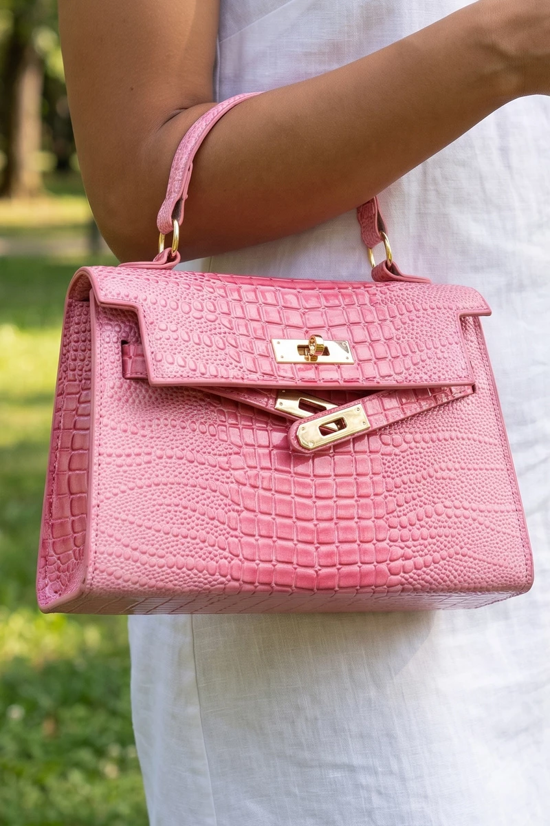 Croc Embossed Turn Lock Top Handle Satchel