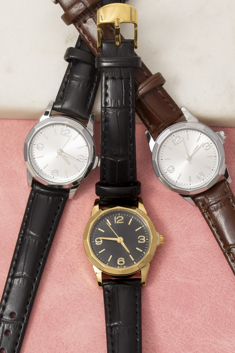 Thin Leather Strap Vintage Circle Faceted Watch