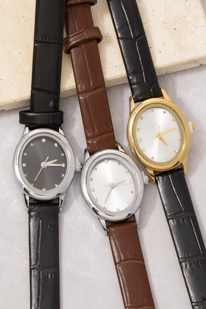 Croc Embossed Leather Strap Minimalist Round Watch