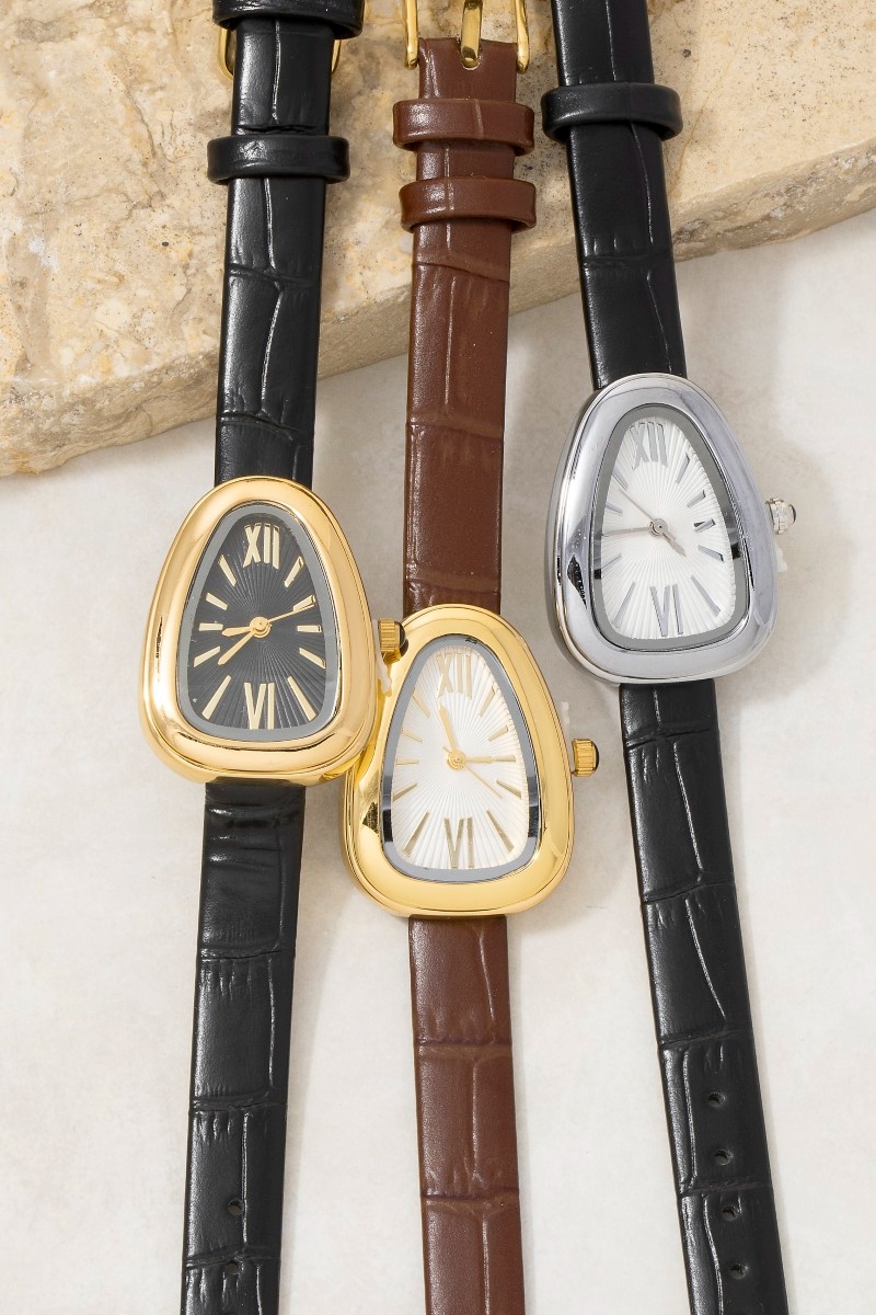 Oval Dome Case Croc Embossed Leather Strap Watch