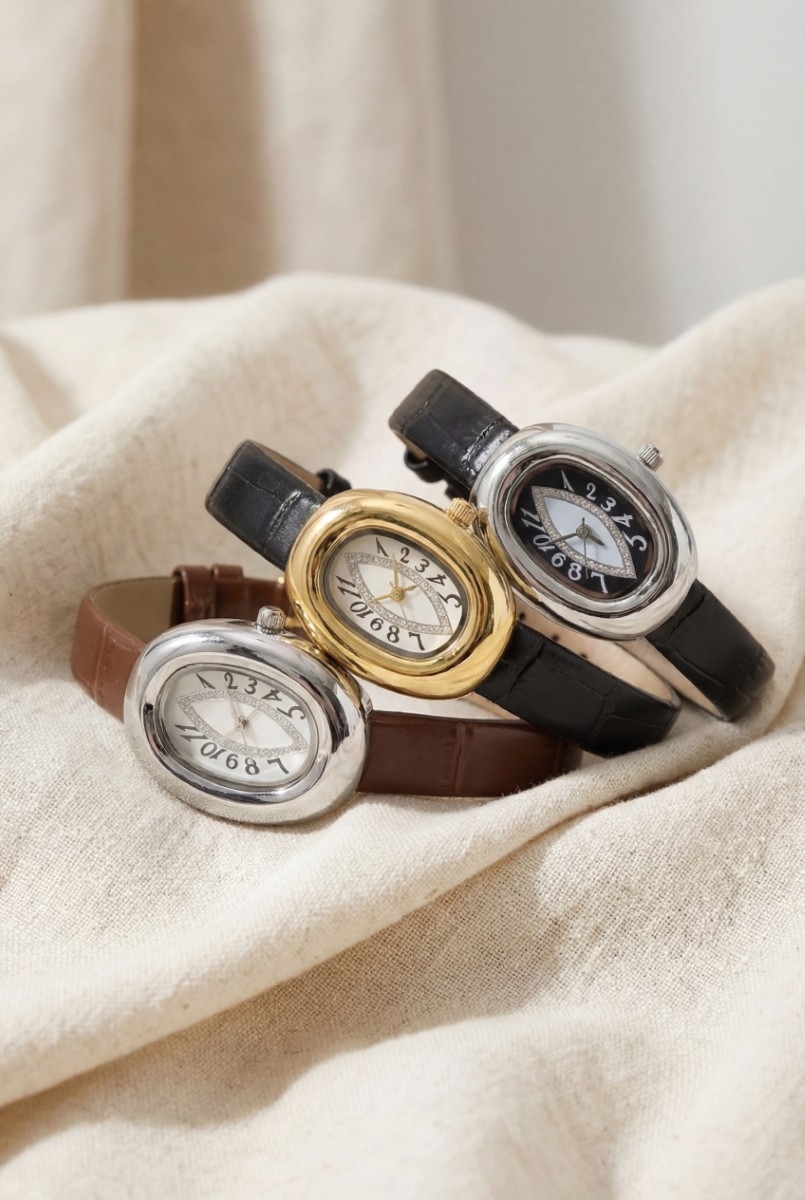 Croc Leather Strap Polished Statement Oval Watch