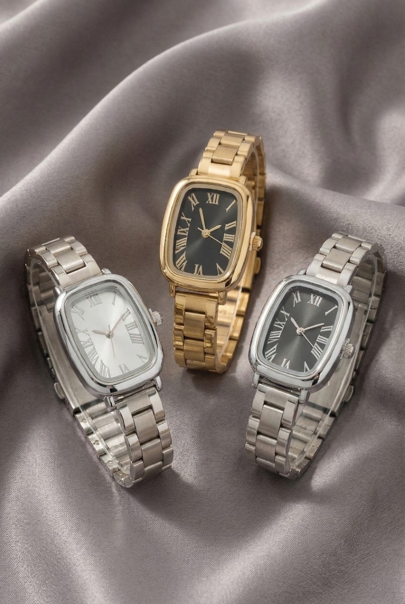 Polished Metallic Band Classic Cushion Square Watch