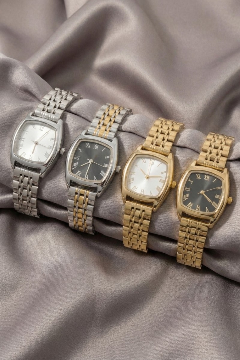 Polished Metallic Band Bold Cushion Square Watch