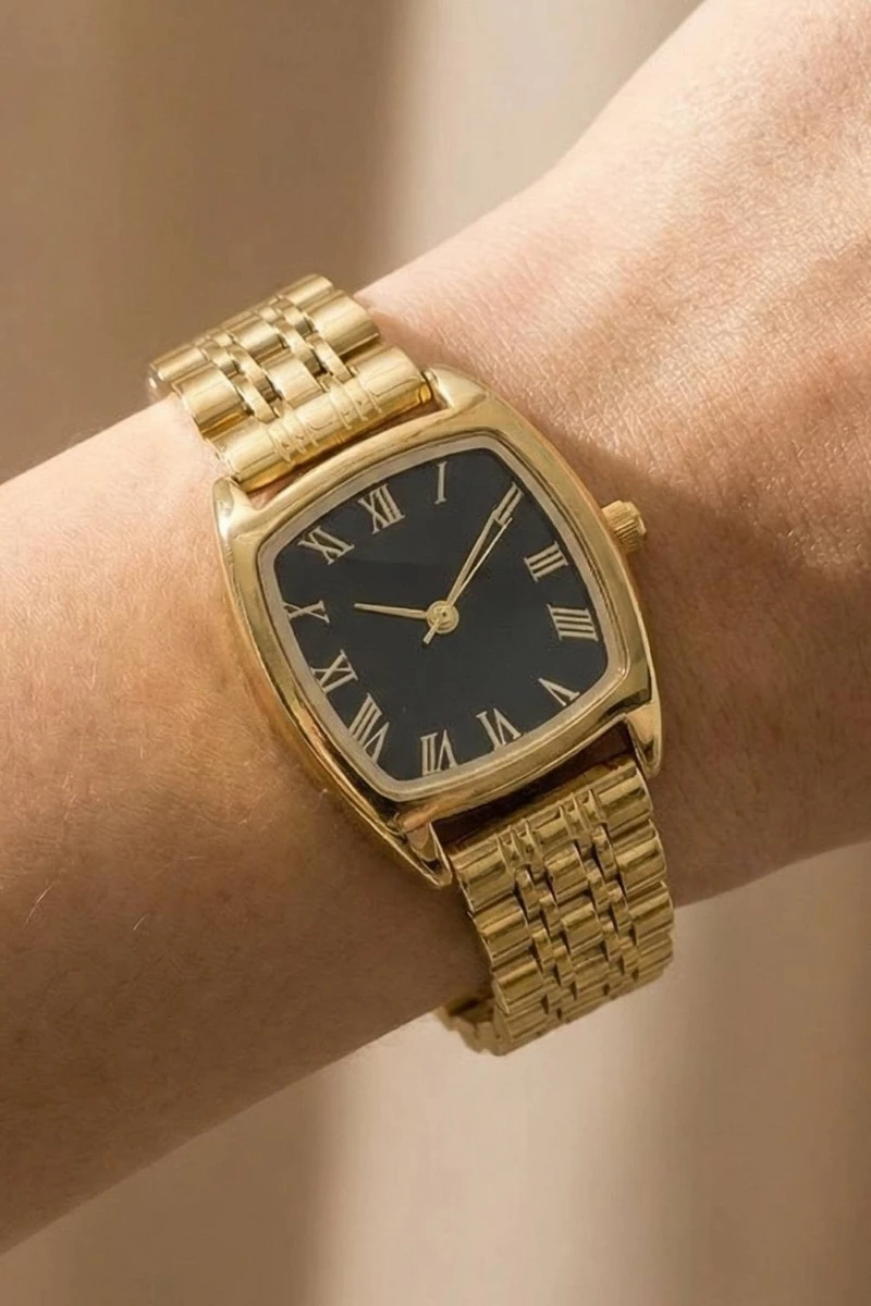 Polished Metallic Band Bold Cushion Square Watch