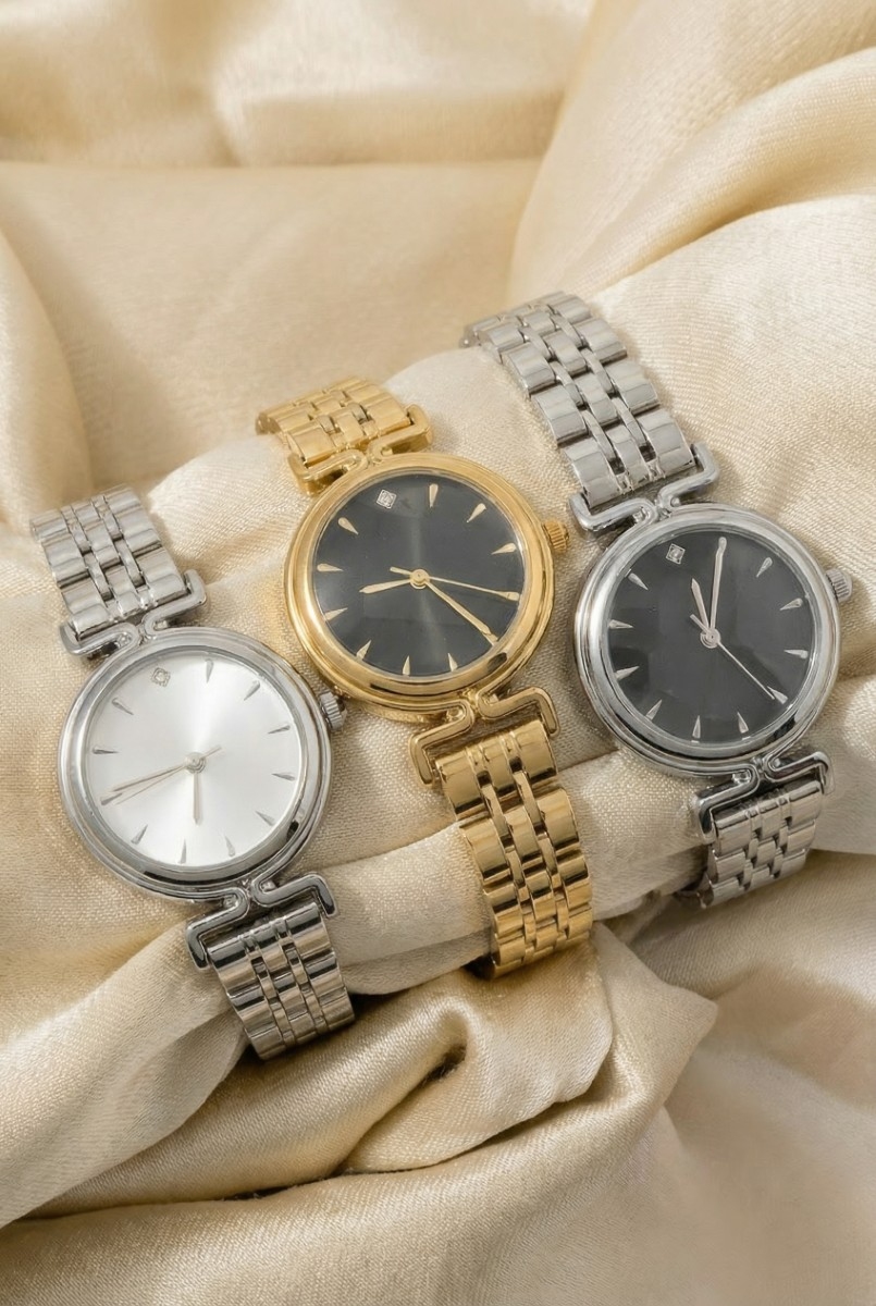 Wide 5-Link Polished Metallic Band Round Watch